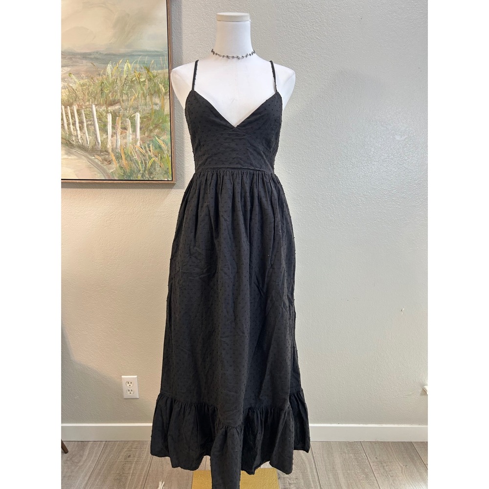 Forever 21 Black Swiss Dot Cotton Maxi Dress Smocked Back Tiered Ruffle Medium